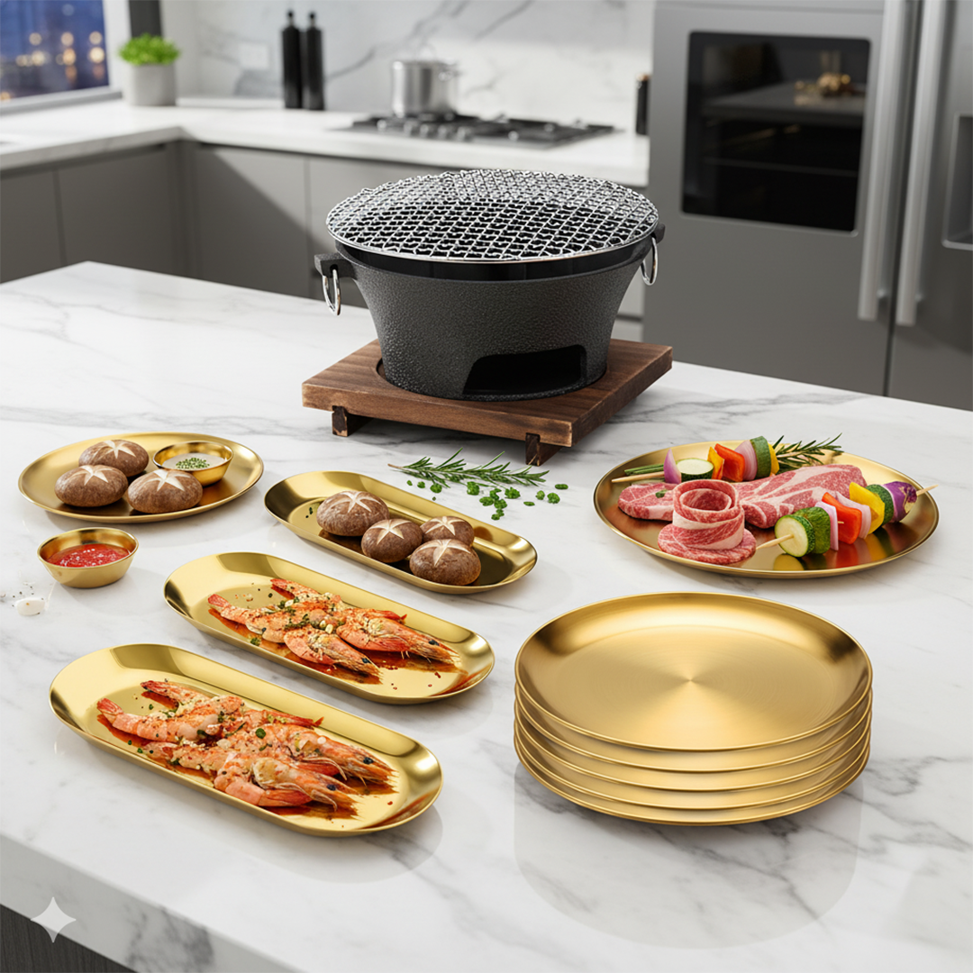 SOGA Kitchenware Bundle – Gold Nordic Plate Set, 23cm Grilling Plate & Cast Iron BBQ Grill $ 187