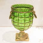 SOGA Green Colored European Glass Jar Flower Vase Solid Base with Metal Handle