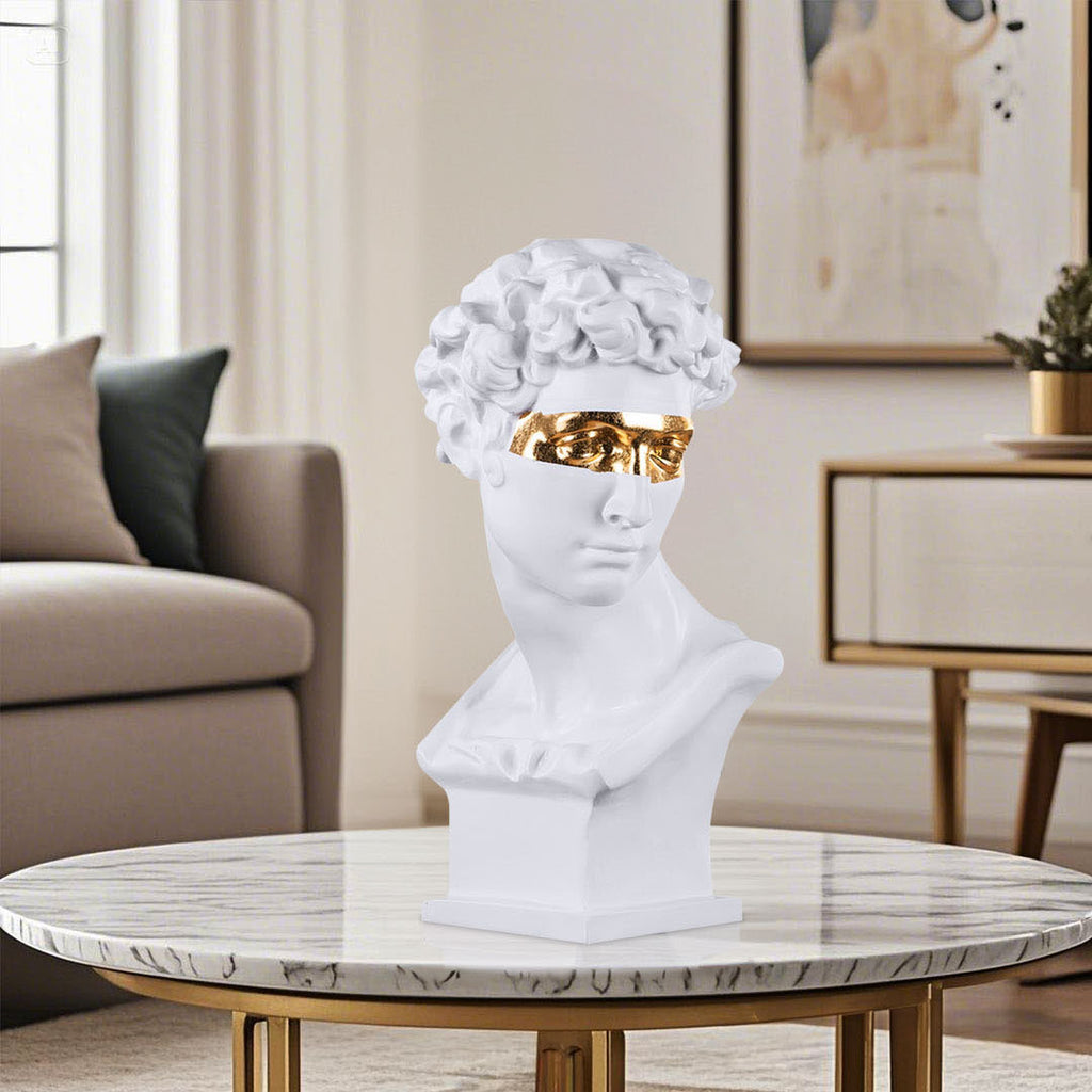SOGA 56cm White Resin Bust – Gold Masked Sculpture for Modern Decor