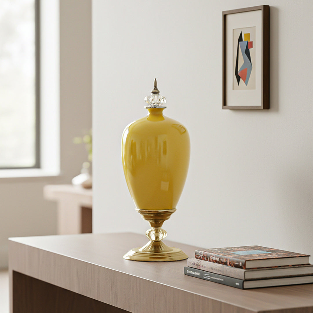 SOGA 42cm Ceramic Oval Flower Vase with Gold Metal Base Yellow