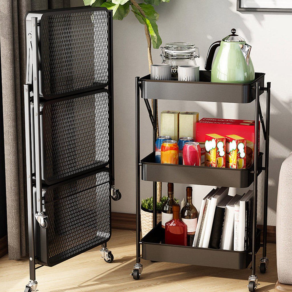 SOGA 2X 3 Tier Steel Black Bee Mesh Kitchen Cart Multi-Functional Shelves Storage Organizer with Wheels