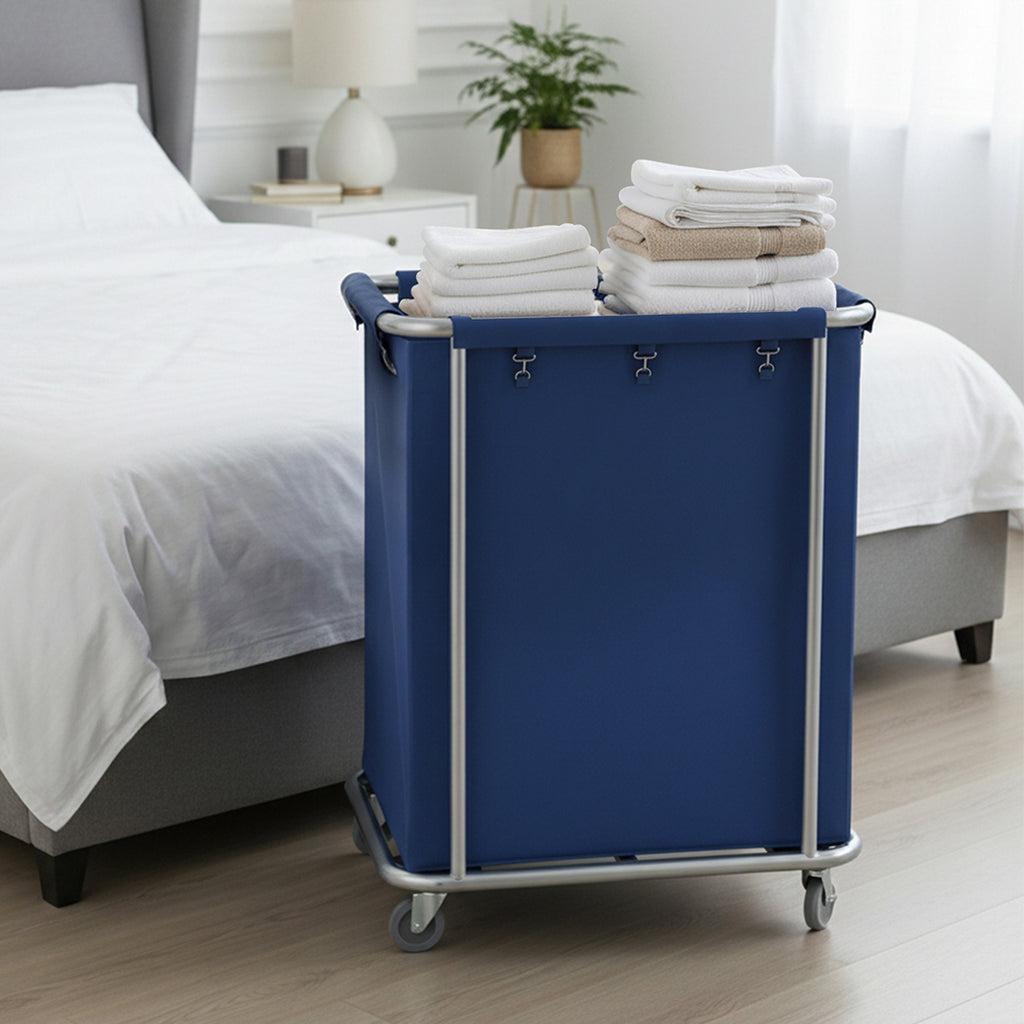SOGA Stainless Steel Commercial Square Soiled Linen Laundry Trolley Cart with Wheels Blue