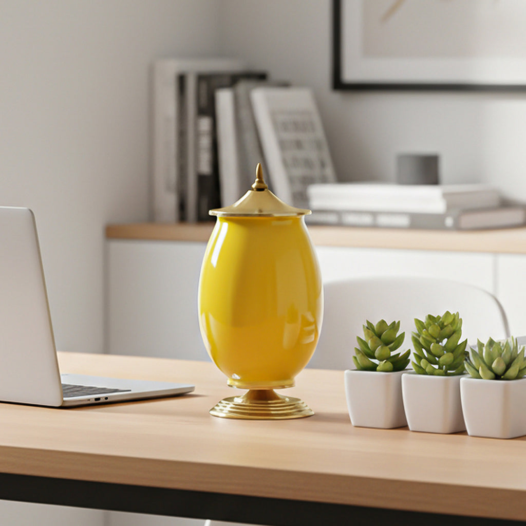SOGA 2x 40cm Ceramic Oval Flower Vase with Gold Metal Base Yellow