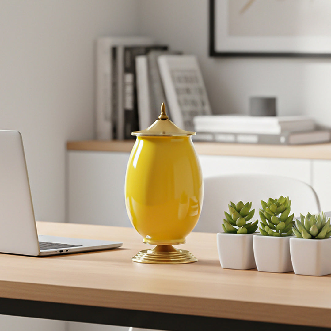 SOGA 2x 40cm Ceramic Oval Flower Vase with Gold Metal Base Yellow