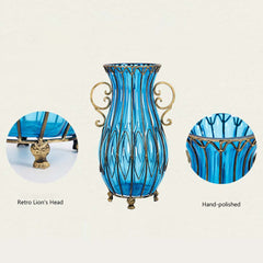 SOGA 51cm Blue Glass Oval Floor Vase with Metal Flower Stand