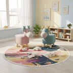 SOGA Home & Living Bundle – Pink & Green Deer Children’s Ottomans & Sky Clouds Round Rug $ 134