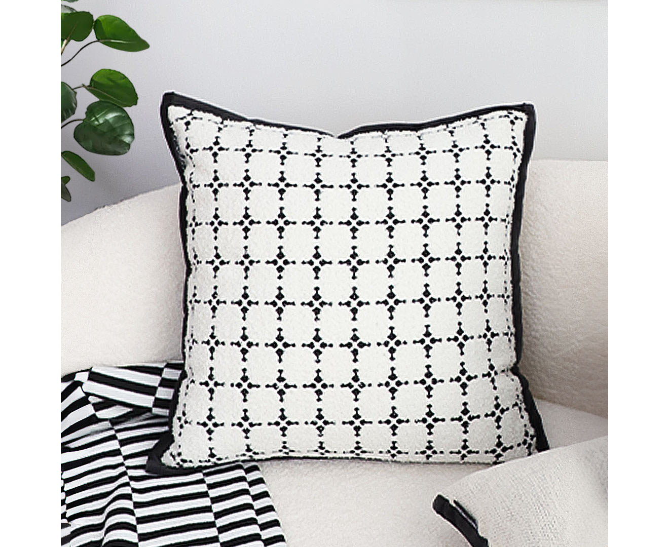 SOGA 50cm Moroccan Black Cross Pattern Black Trim Decorative Throw Pillow