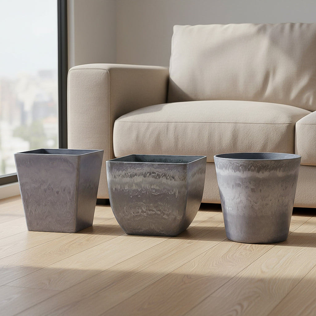 SOGA Home & Living Bundle – Weathered Grey Square & Round Resin Plant Pots for Indoor Decor