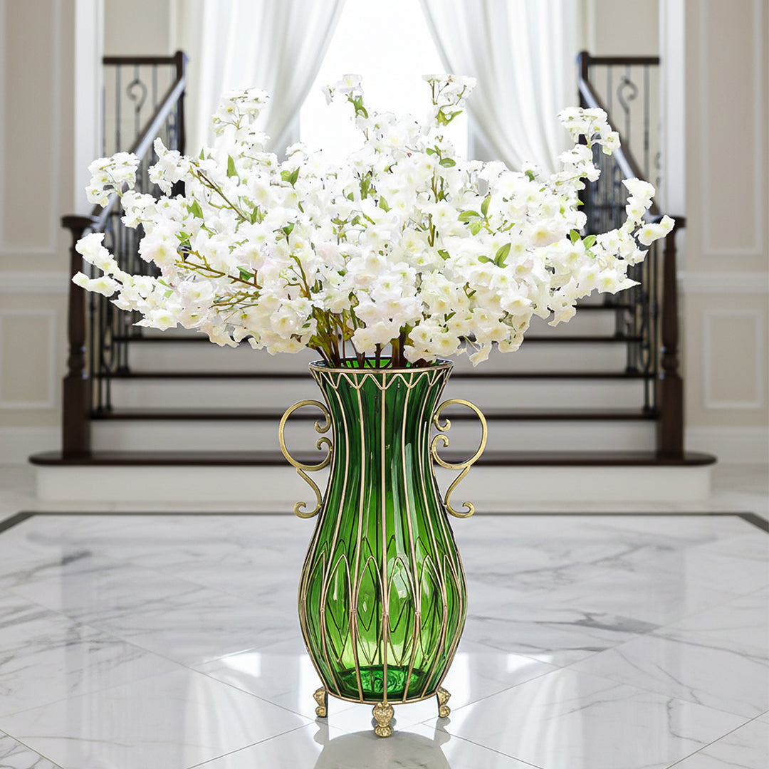 SOGA 51cm Green Glass Tall Floor Vase and 10pcs White Artificial Fake Flower Set