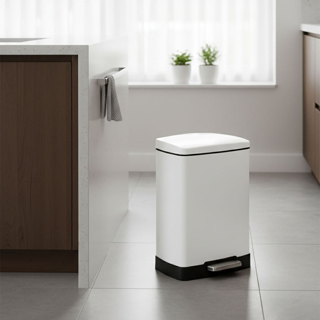 SOGA Foot Pedal Stainless Steel Rubbish Recycling Garbage Waste Trash Bin Rectangular Shape 12L White