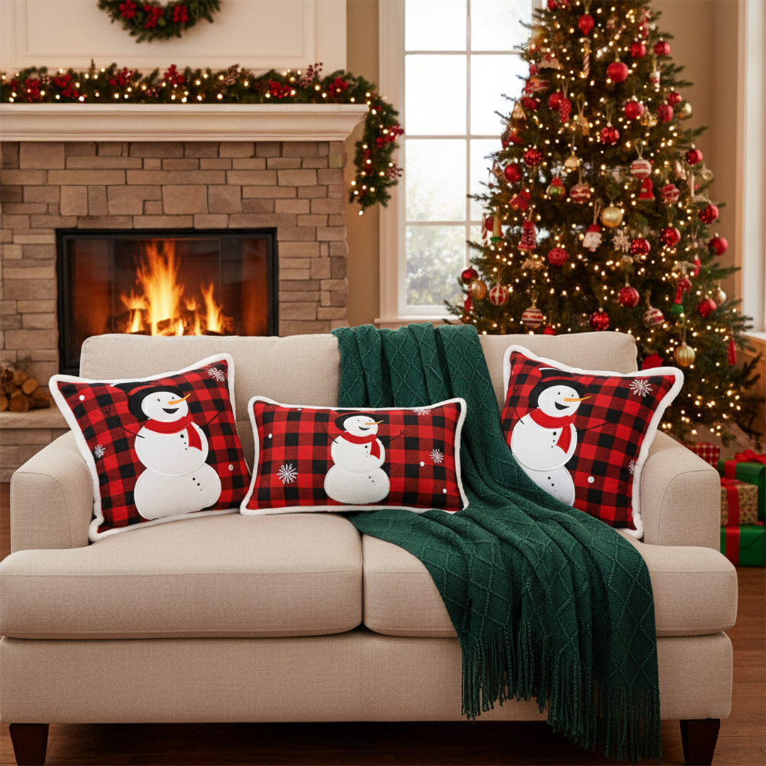 SOGA Christmas Bundle – Red Snowman Pillows & Green Diamond Knitted Throw Blanket $ 218