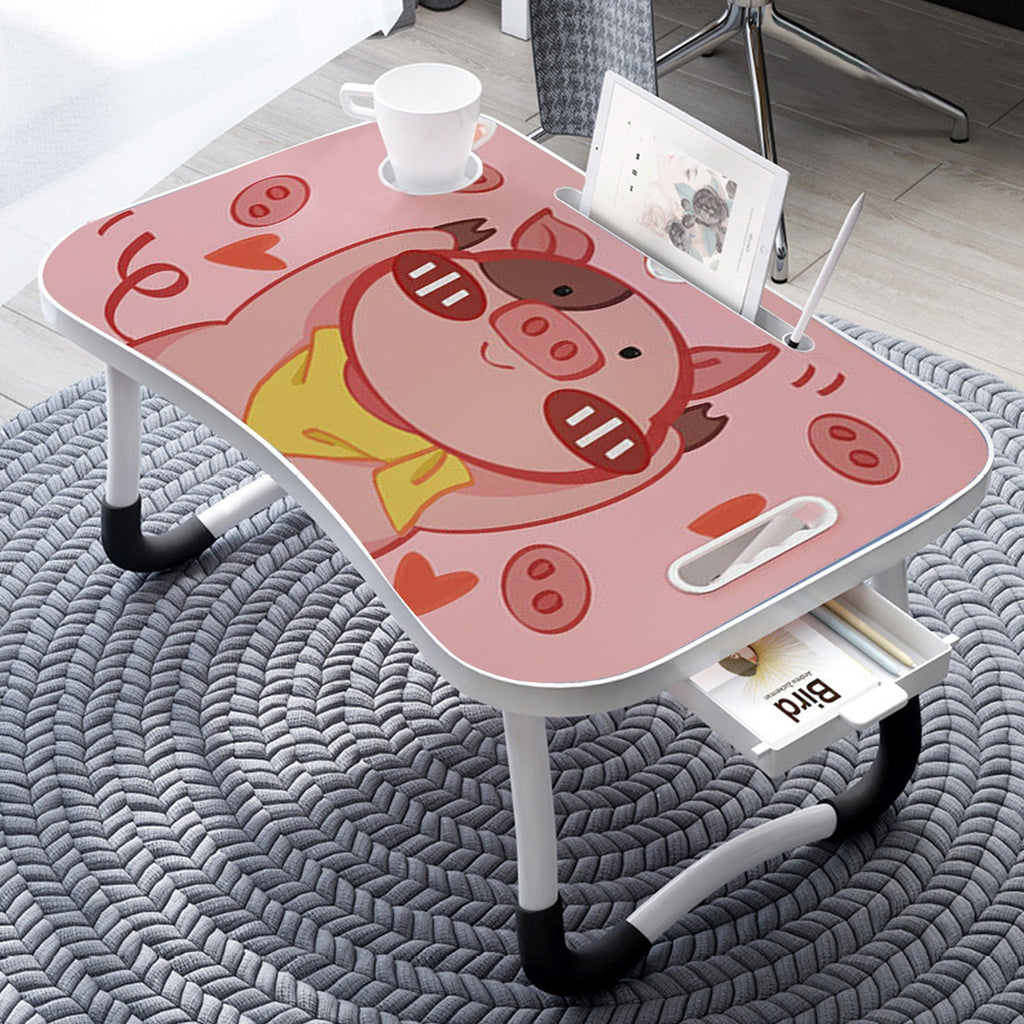 SOGA Cute Pig Design Portable Bed Table Adjustable Foldable Bed Sofa Study Table Laptop Mini Desk with Drawer and Cup Slot Home Decor