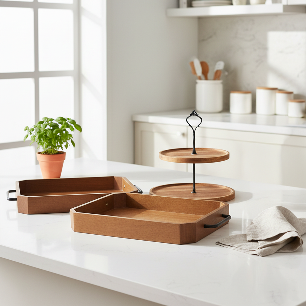 SOGA Kitchenware Bundle – 2 Paulownia Wood Serving Trays & 2-Tier Acacia Dessert Stand $ 132