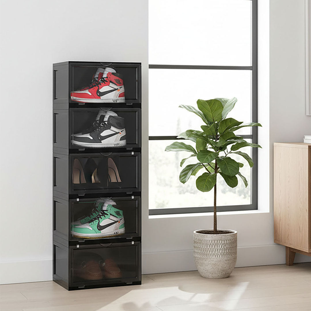 SOGA 5 Tier Black Portable Shoe Organiser Sneaker Footwear Folding Plastic Bin Stackable Storage Box with Magnetic Door