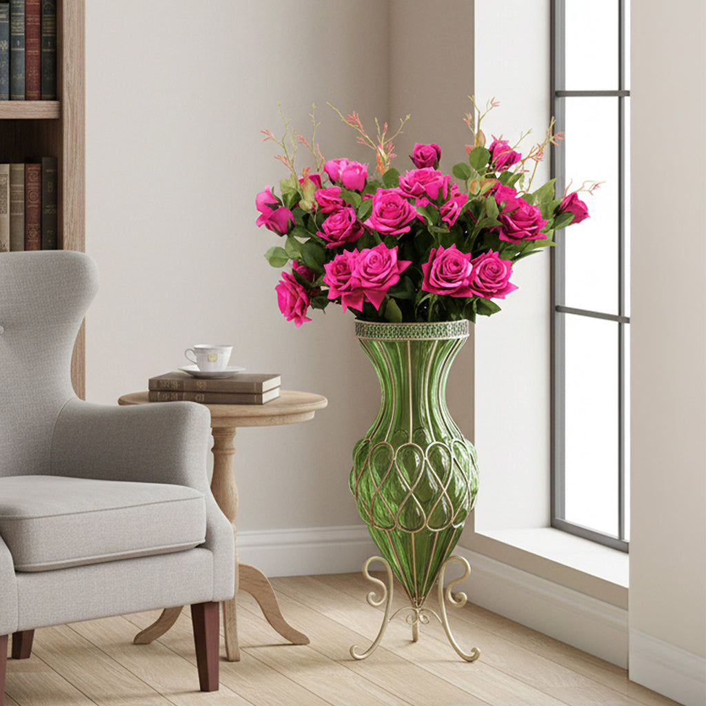 SOGA 67cm Green Glass Tall Floor Vase and 12pcs Dark Pink Artificial Fake Flower Set