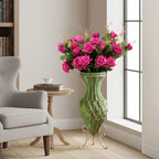 SOGA 67cm Green Glass Tall Floor Vase and 12pcs Dark Pink Artificial Fake Flower Set