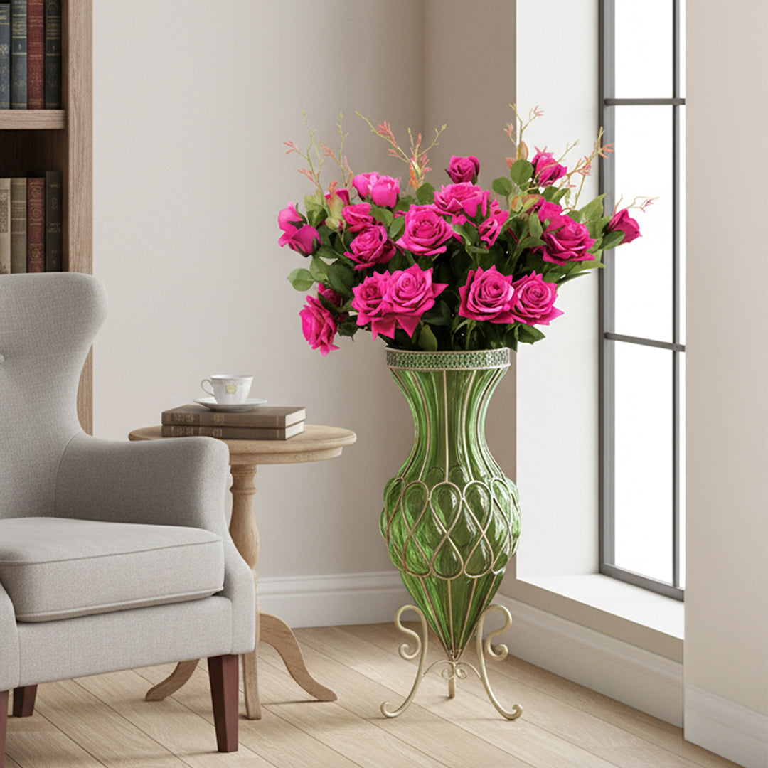 SOGA 67cm Green Glass Tall Floor Vase and 12pcs Dark Pink Artificial Fake Flower Set