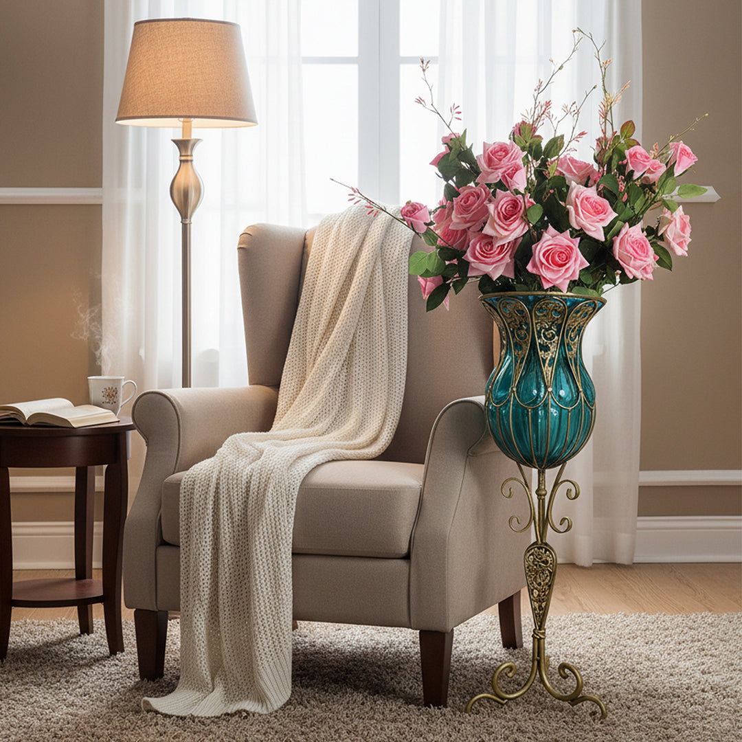 SOGA 85cm Blue Glass Tall Floor Vase and 12pcs Pink Artificial Fake Flower Set