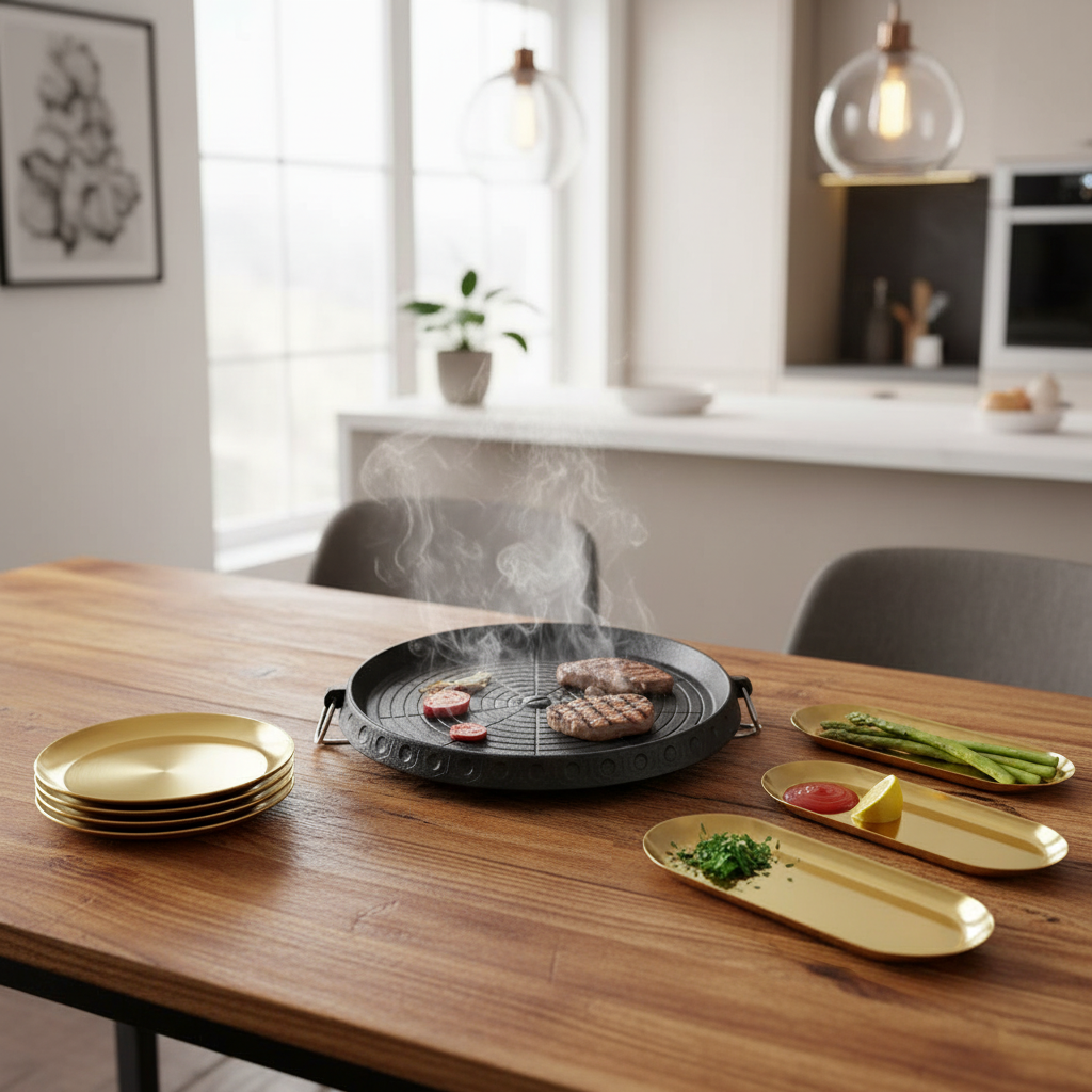 SOGA Kitchenware Bundle – Round Portable Korean BBQ Stove, Gold Grilling Plate & Nordic Plate Set $ 140
