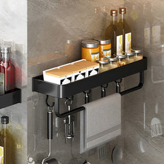SOGA 52cm Black Wall-Mounted Rectangular Kitchen Spice Storage Organiser Space Saving Condiments Shelf Rack with Hooks