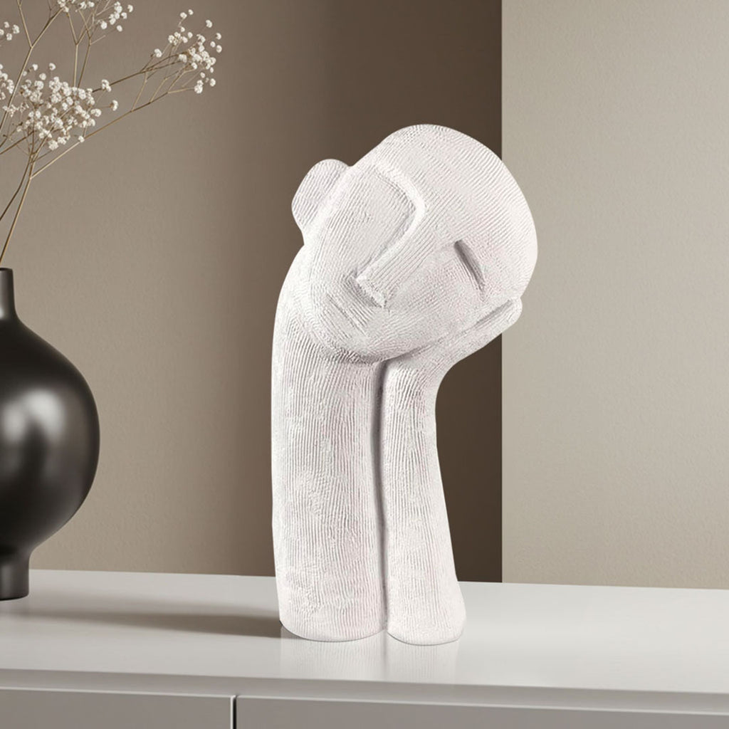 SOGA 38cm White Minimalist Head Resin Sculpture with Hand at Side and Linear Texture