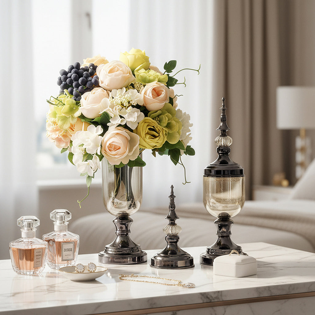 SOGA 2 x Clear Glass Flower Vase with Lid and White Flower Filler Vase Black Set