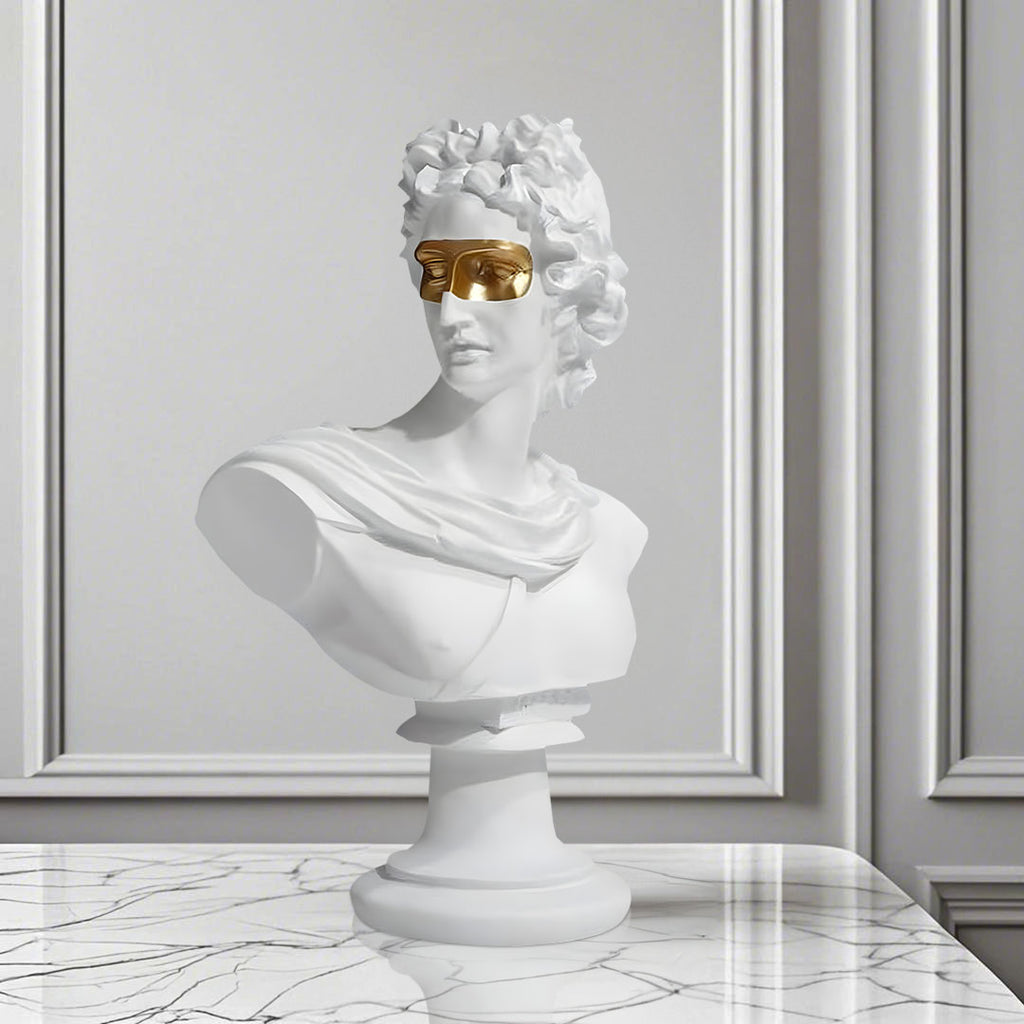 SOGA 40cm White Classical Bust Resin Sculpture with Gold Eye Mask