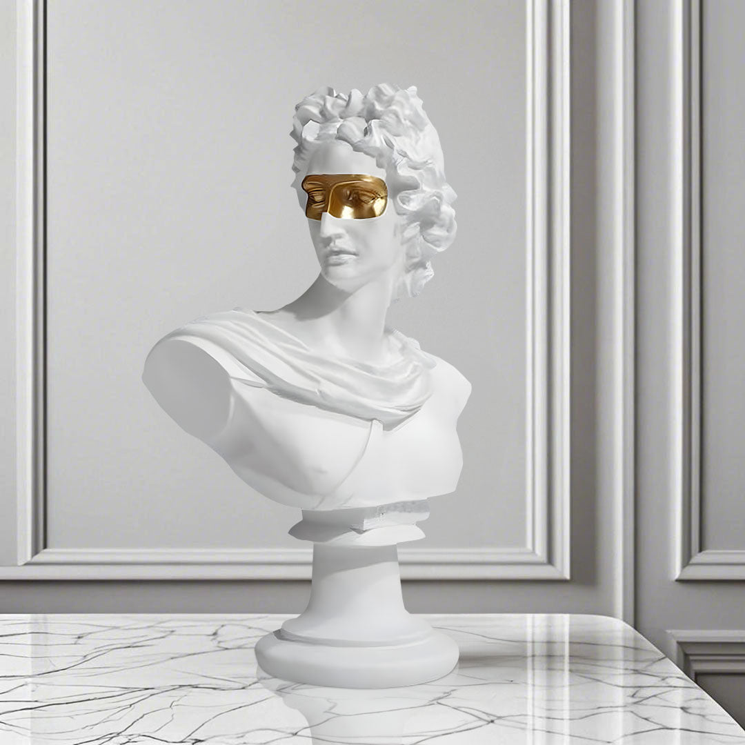 SOGA 40cm White Classical Bust Resin Sculpture with Gold Eye Mask