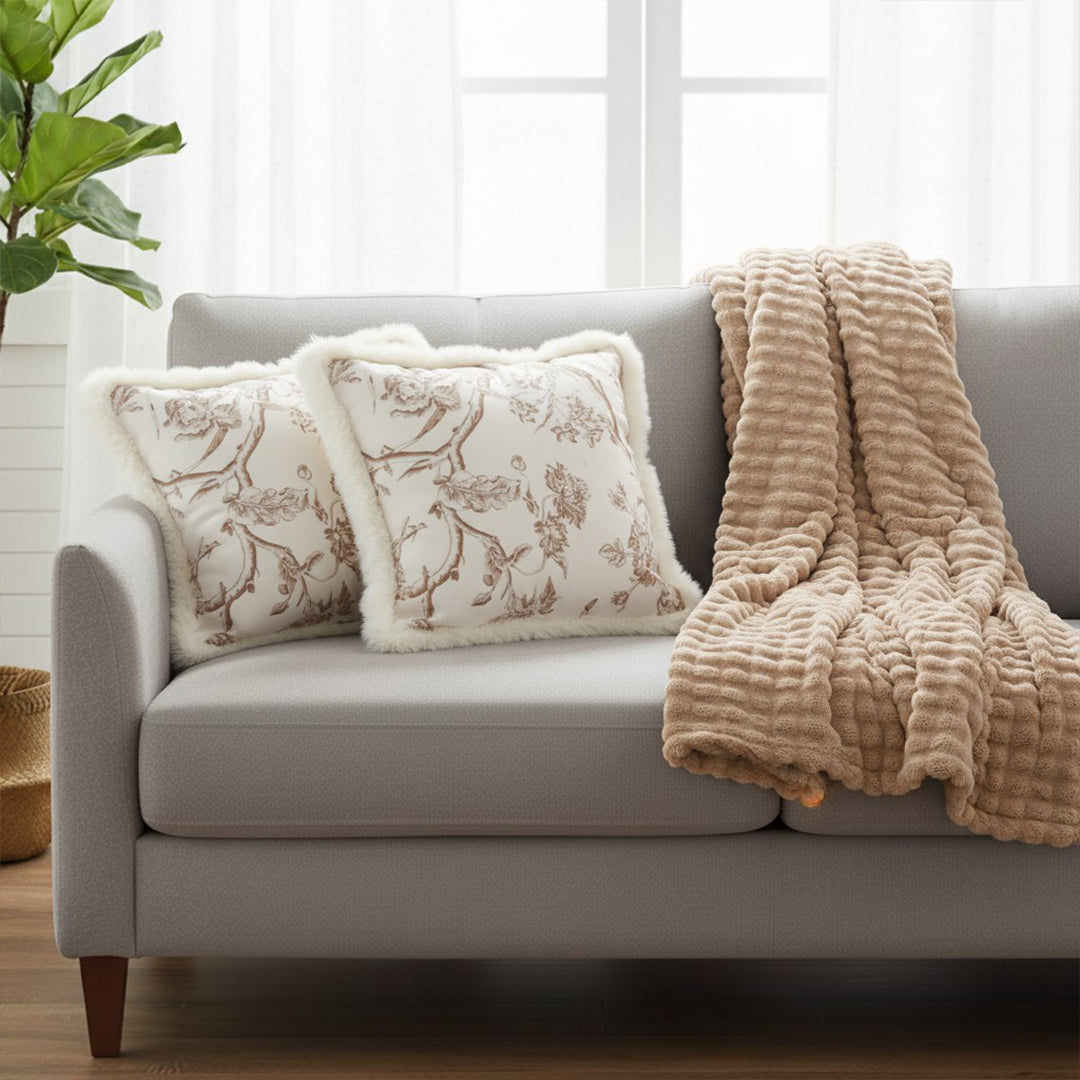 SOGA Home & Living Bundle – 2 Light Luxury French Plush Pillow & Camel Fuzzy Throw Blanket