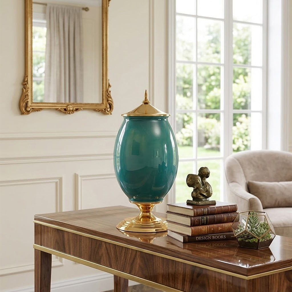 SOGA 40cm Ceramic Oval Flower Vase with Gold Metal Base Green