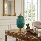 SOGA 40cm Ceramic Oval Flower Vase with Gold Metal Base Green