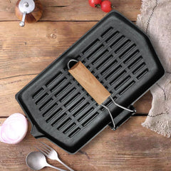 SOGA Rectangular Cast Iron Griddle Grill Frying Pan with Folding Wooden Handle