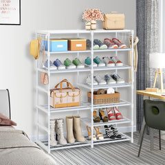 SOGA 2X 12-Shelf Tier Shoe Storage Shelf Space-Saving Caddy Rack Organiser with Side Hooks White
