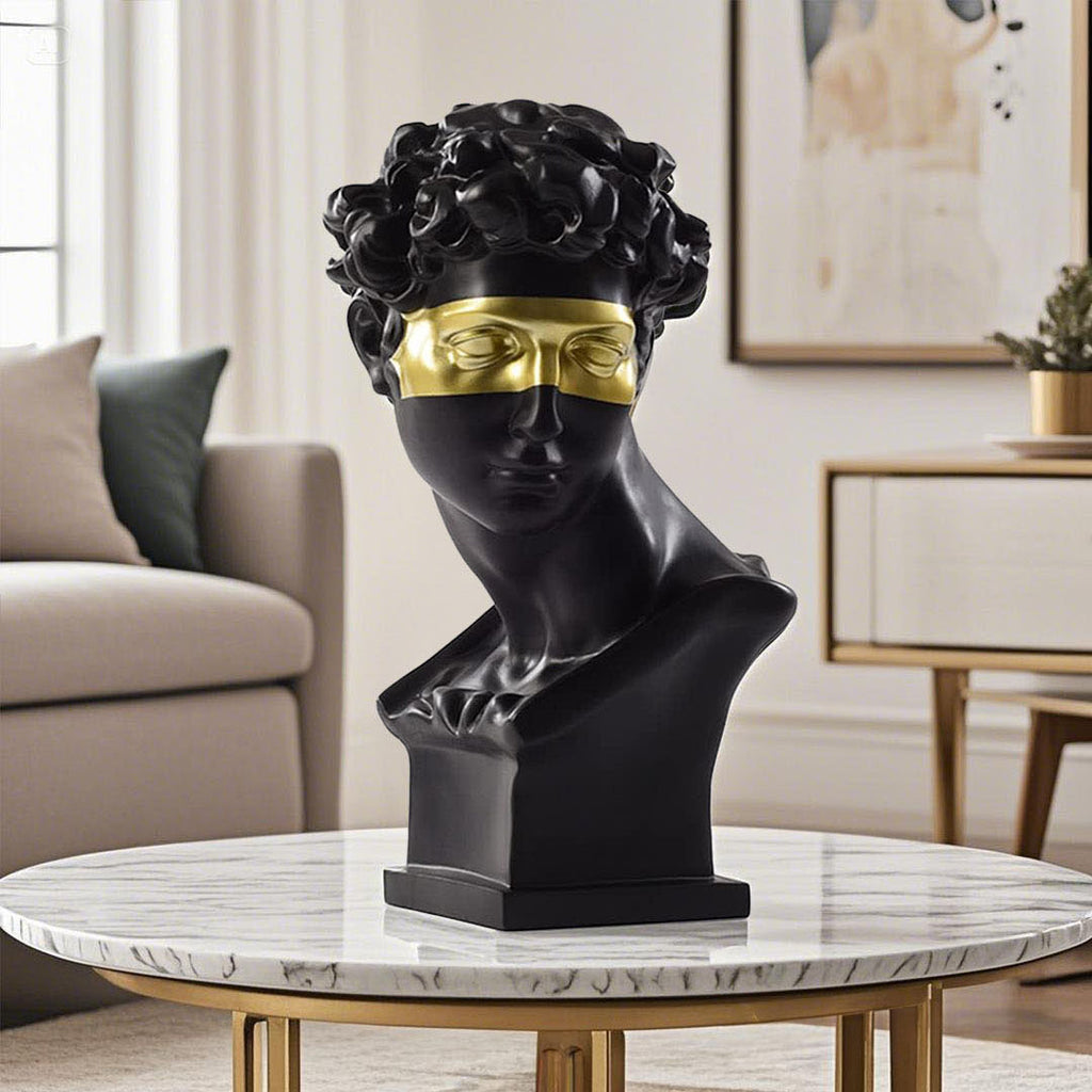 SOGA 56cm Black Resin Bust – Gold Masked Sculpture for Modern Decor