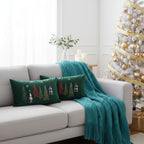 SOGA Christmas Bundle C – 2 Dark Green Christmas Forest Lumbar Pillow & Teal Knitted Throw Blanket