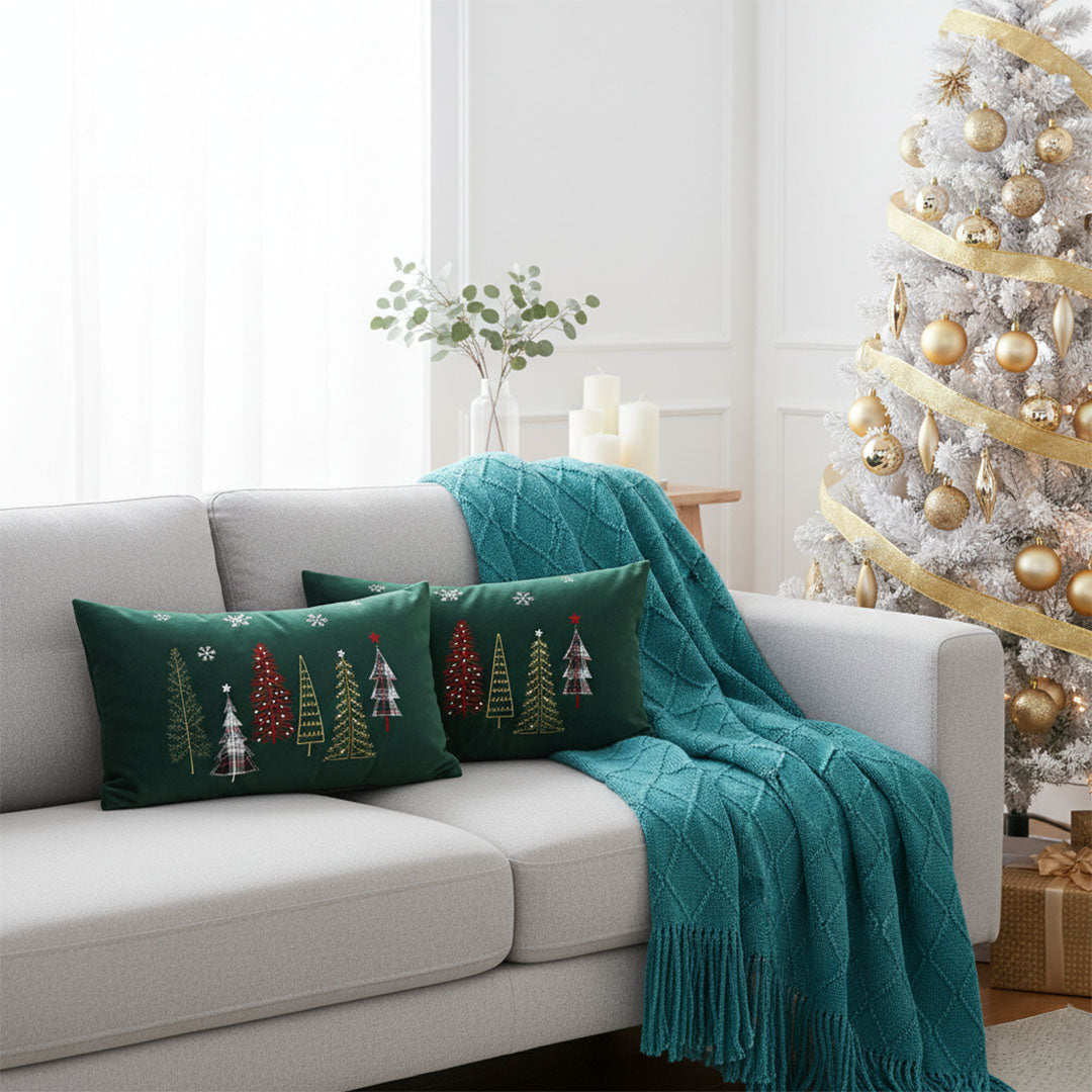 SOGA Christmas Bundle C – 2 Dark Green Christmas Forest Lumbar Pillow & Teal Knitted Throw Blanket