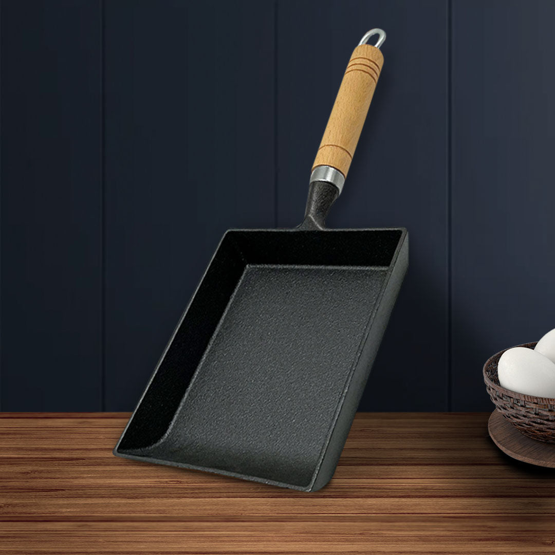 SOGA Cast Iron Tamagoyaki Japanese Omelette Egg Frying Skillet Fry Pan Wooden Handle