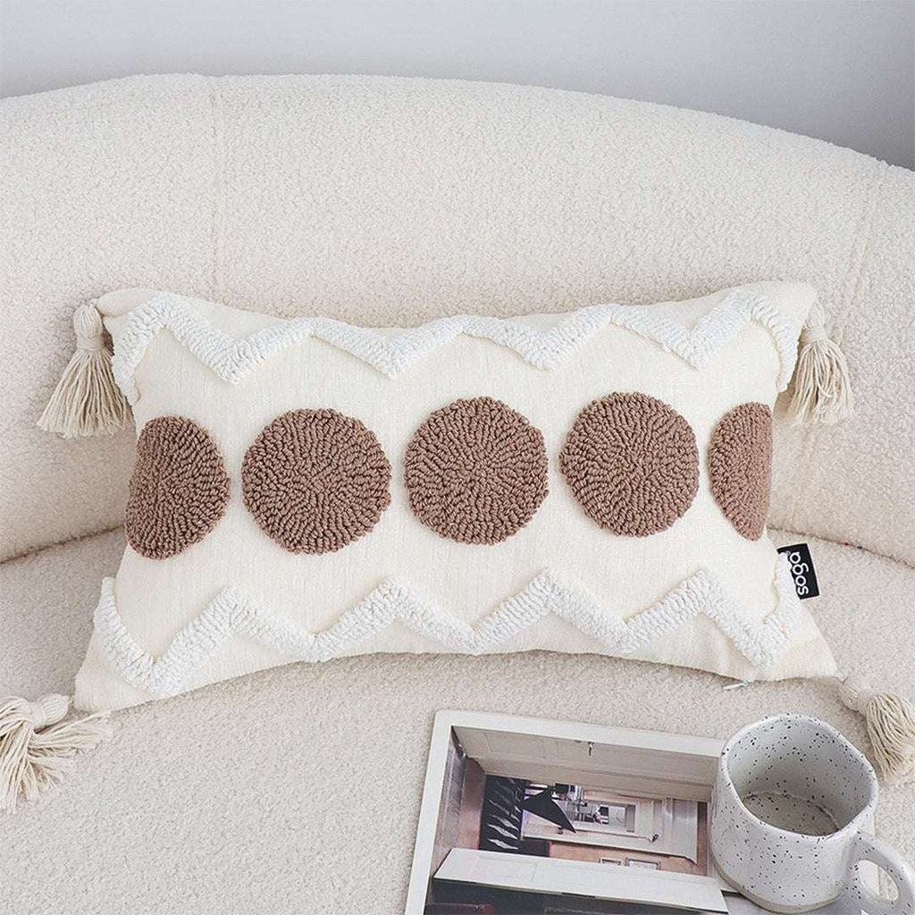 SOGA Boho Tufted Cushion 30x50cm Tassel White Brown Circle Decorative Throw Pillow $ 72