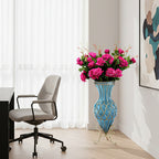 SOGA 67cm Blue Glass Tall Floor Vase and 12pcs Dark Pink Artificial Fake Flower Set