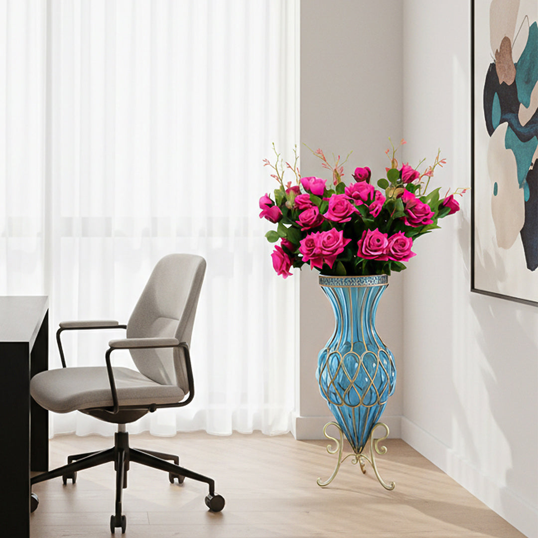 SOGA 67cm Blue Glass Tall Floor Vase and 12pcs Dark Pink Artificial Fake Flower Set
