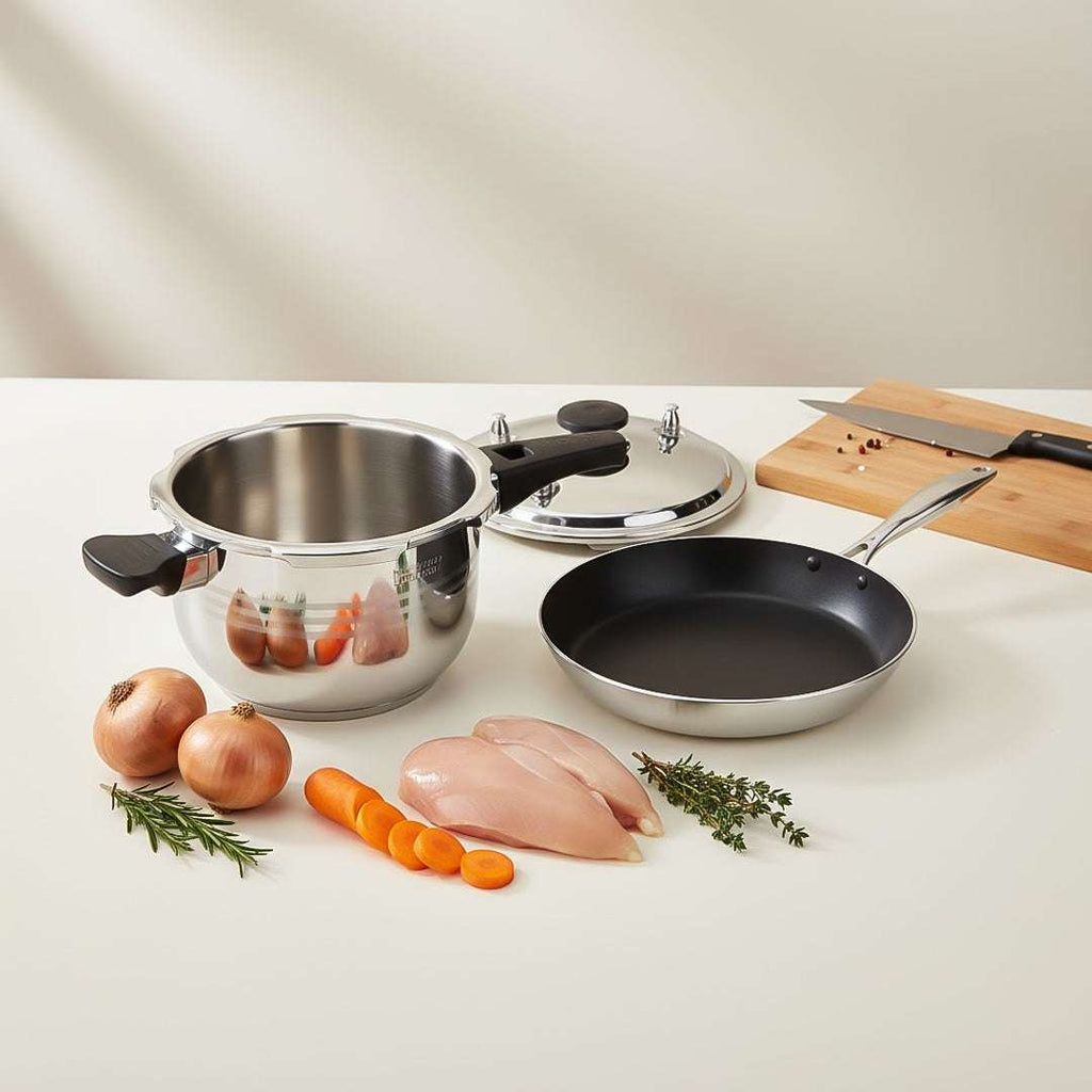 SOGA Kitchenware Bundle – 5L Stainless Steel Pressure Cooker & 28cm Non-Stick Fry Pan $ 215