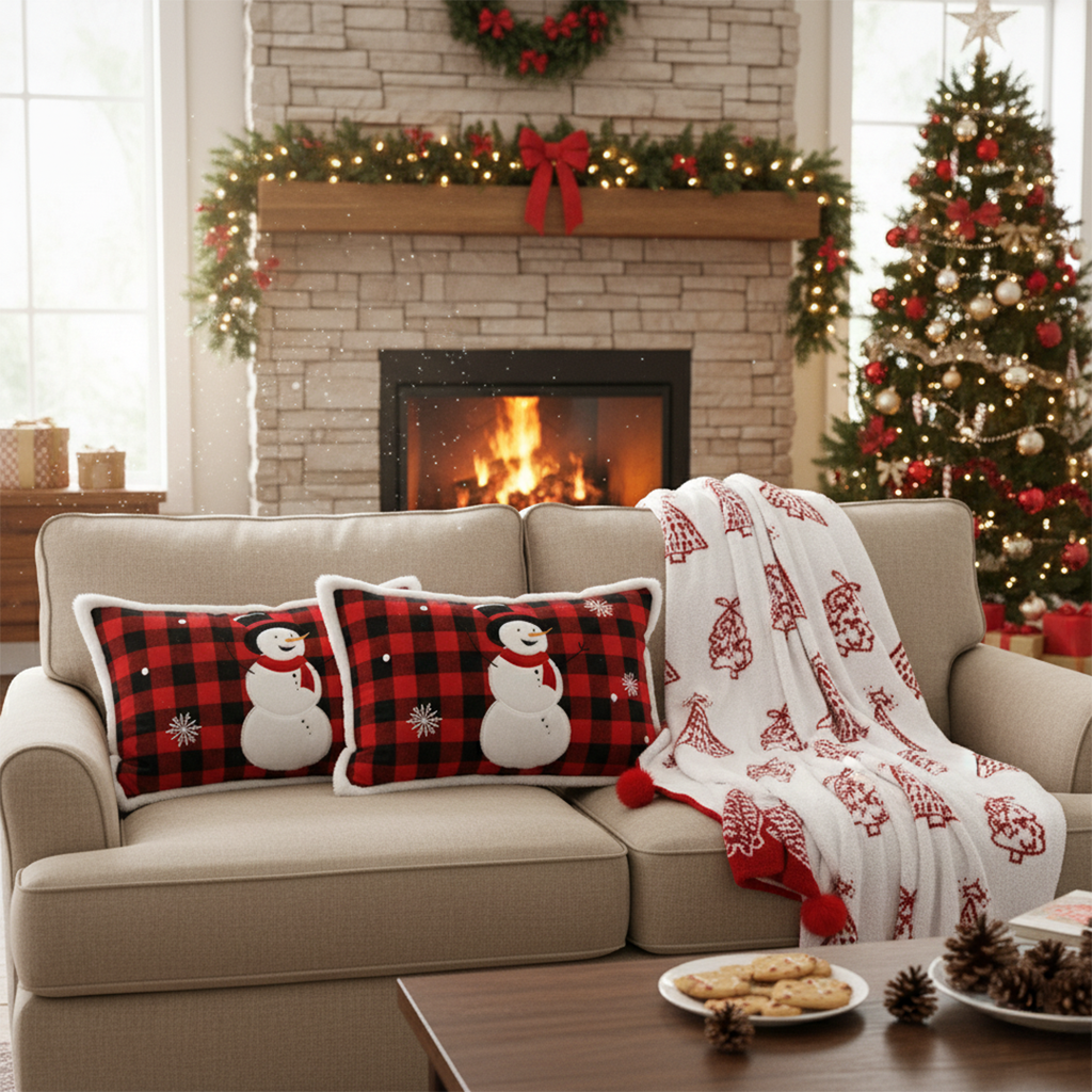 SOGA Christmas Bundle – 2 Red Snowman Lumbar Pillow & Red Christmas Tree Fleece Throw Blanket $ 200