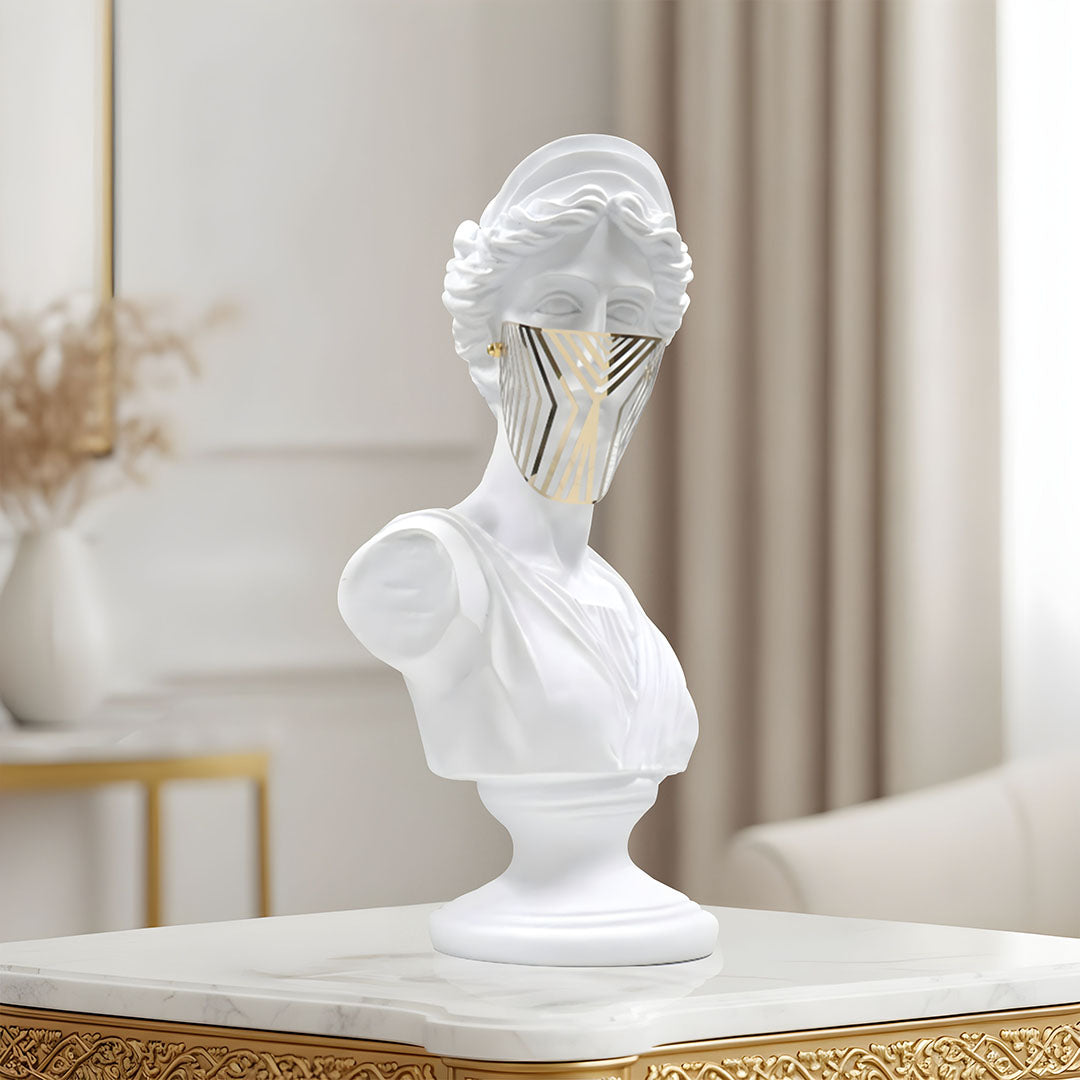 SOGA 40cm White Resin Bust – Gold Striped Mask Sculpture