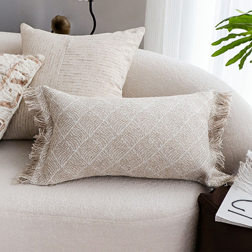 SOGA 2X 35cm Rectangular Natural Woven Diamond Pattern Fringe Trim Throw Pillow