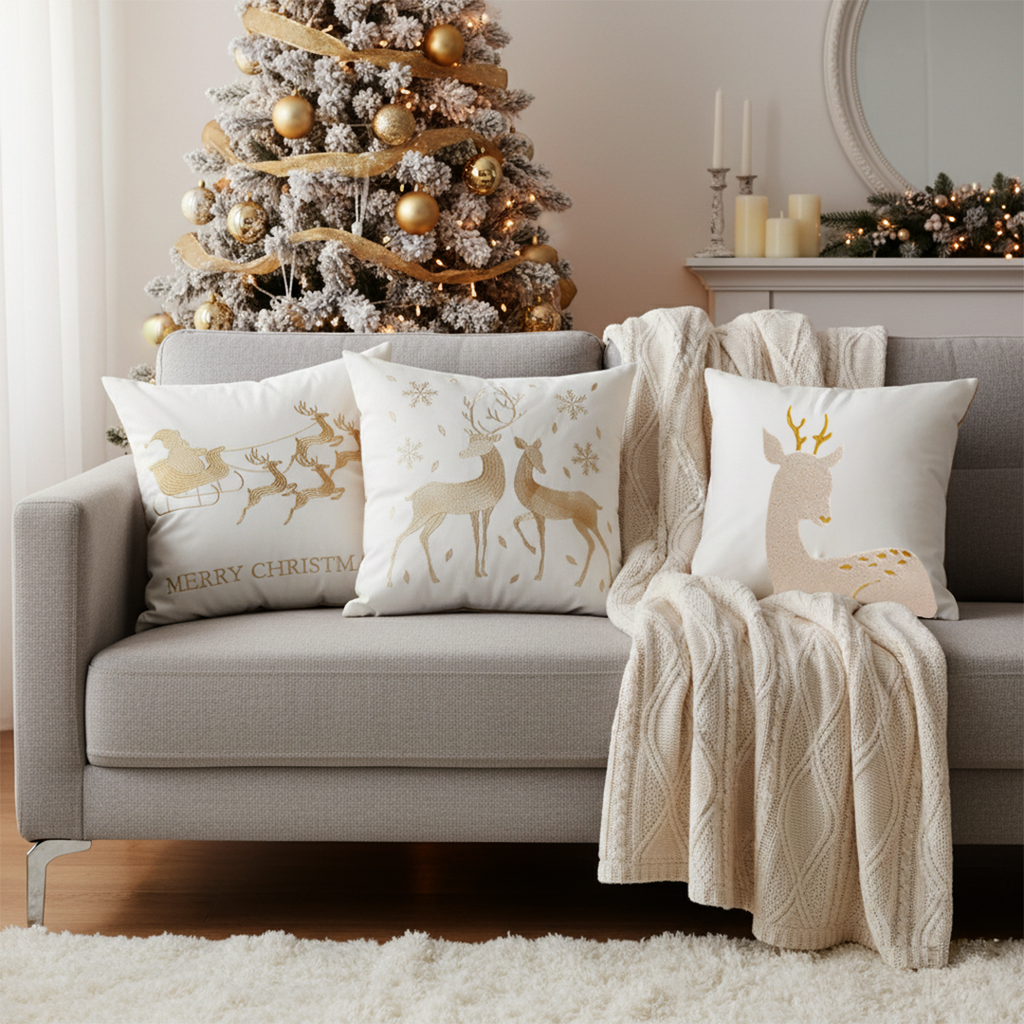 SOGA Christmas Bundle – White Chenille Throw Blanket & Festive Gold Accent Holiday Pillows $ 312
