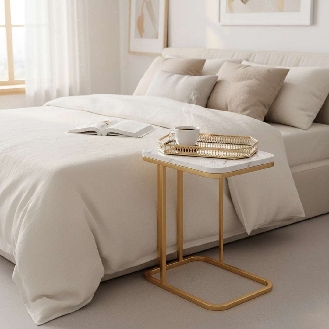 SOGA Home & Living Bundle – White Stone Side Table & Gold Mirror Tray Organizer for Home $ 0