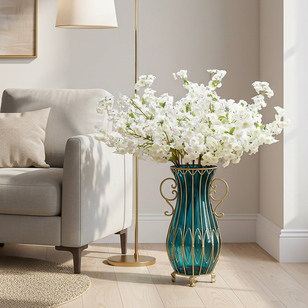 SOGA 51cm Blue Glass Tall Floor Vase and 10pcs White Artificial Fake Flower Set