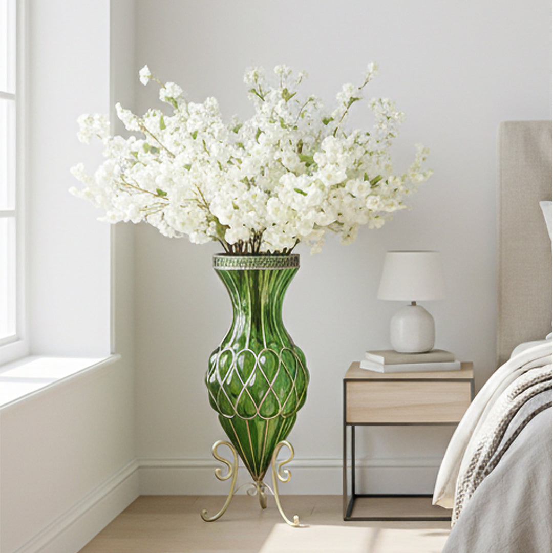 SOGA 67cm Green Glass Tall Floor Vase with 10pcs White Artificial Fake Flower Set