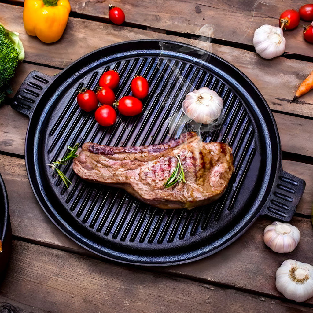 SOGA 43cm Round Ribbed Cast Iron Frying Pan Skillet Steak Sizzle Platter with Handle