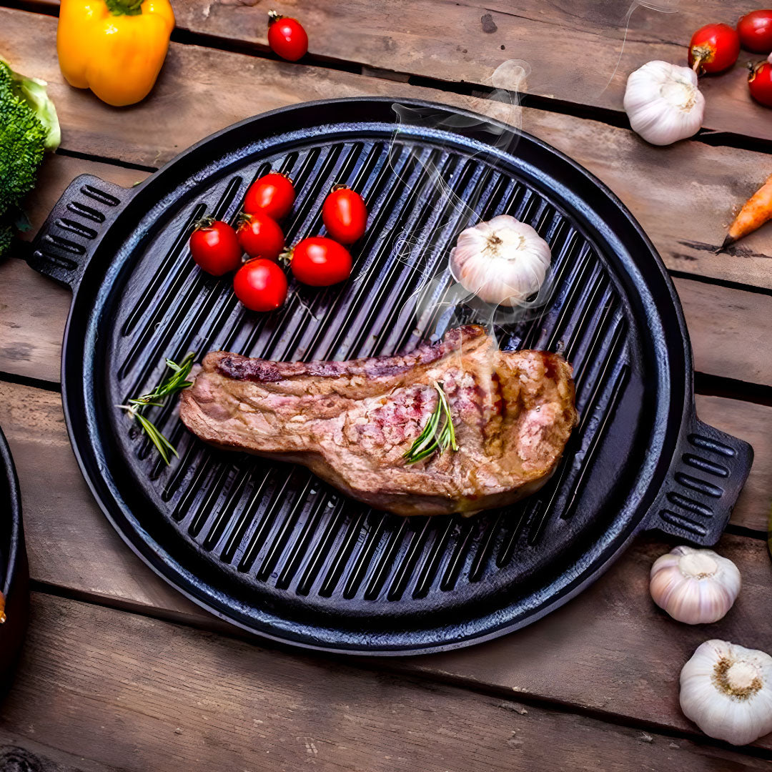 SOGA 43cm Round Ribbed Cast Iron Frying Pan Skillet Steak Sizzle Platter with Handle